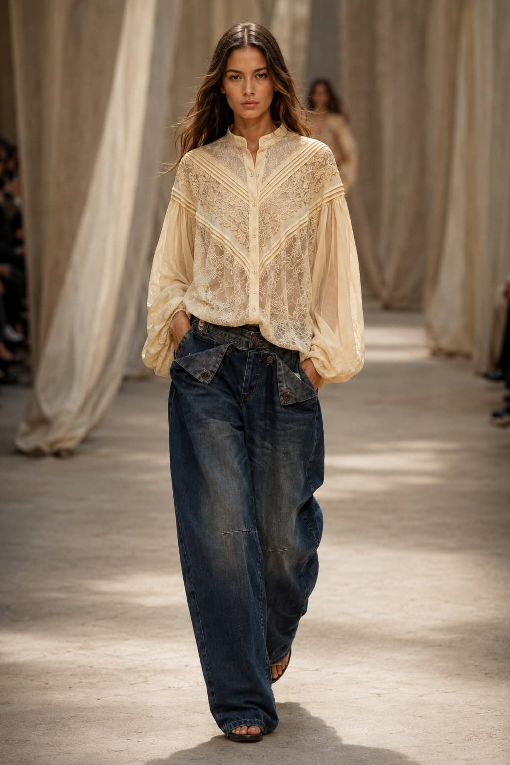 Blouse en dentelle portée en boutique